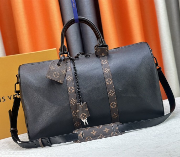 Louis Vuitton Taiga Leather Keepall Bandouliere 45 In Black And Monogram Macassar Canvas - Louis Vuitton