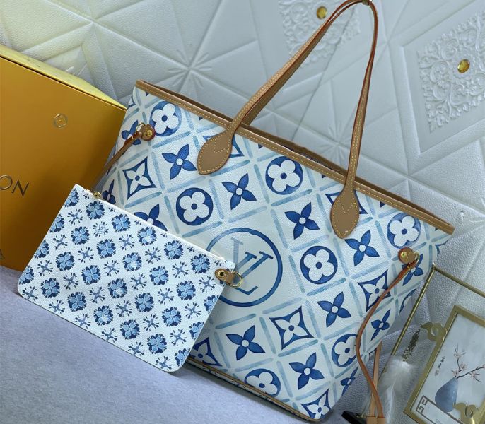 Louis Vuitton LV By The Pool Monogram Tiles Canvas Neverfull MM Tote In Lagoon Blue - Louis Vuitton