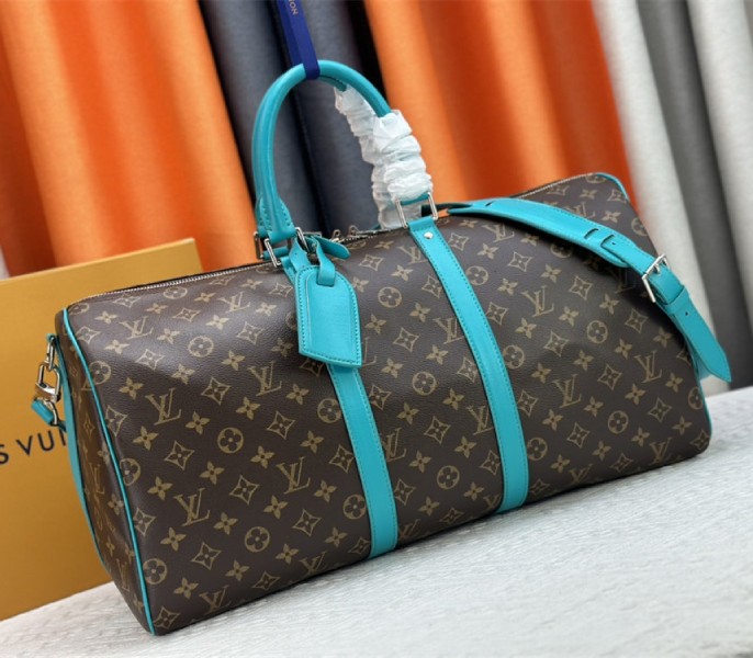 Louis Vuitton Monogram Macassar Canvas Keepall Bandouliere 50 In Turquoise Blue - Louis Vuitton