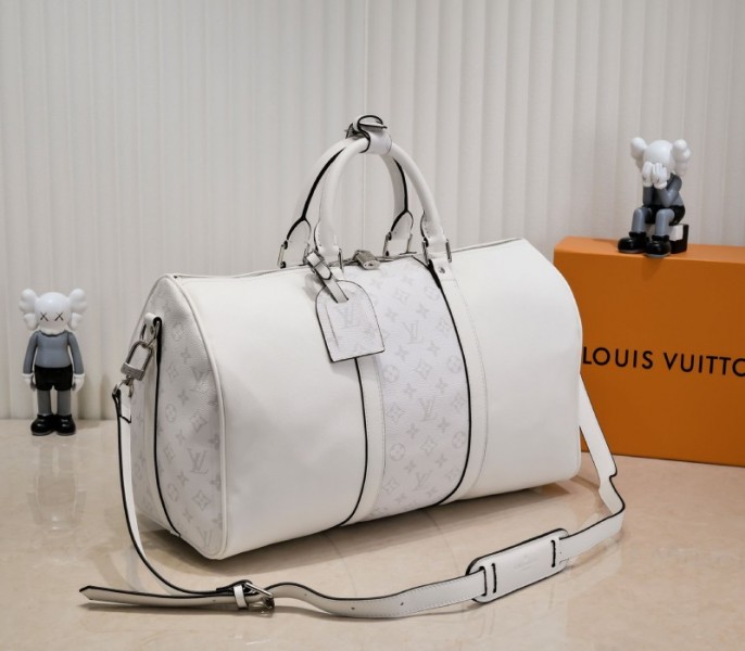 Louis Vuitton Taiga Leather Keepall Bandouliere 50 Travel Bag In White - Louis Vuitton