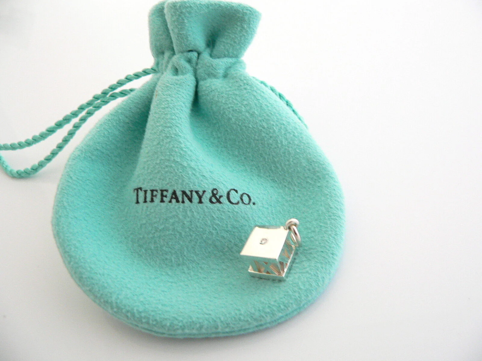 Tiffany & Co Silver Diamond Atlas Cube Charm Pendant Excellent Love Gift Pouch