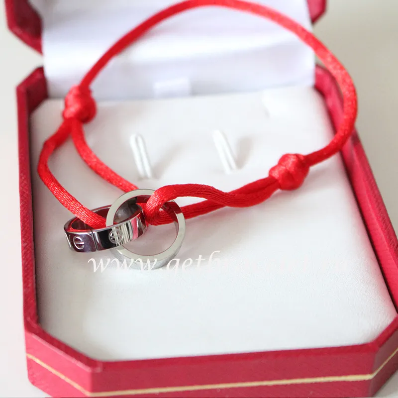 Cartier Double Ring Love Bracelet White Gold Red Rope