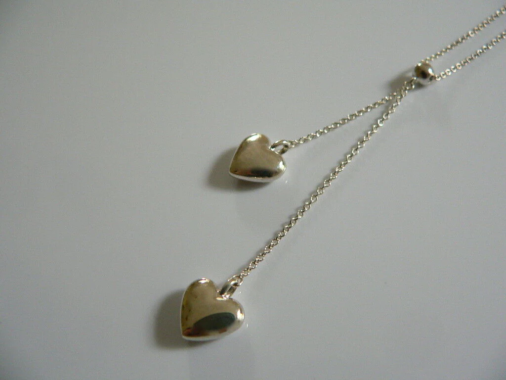 Tiffany & Co Silver Double Dangling Hearts Necklace Pendant Charm Gift Pouch