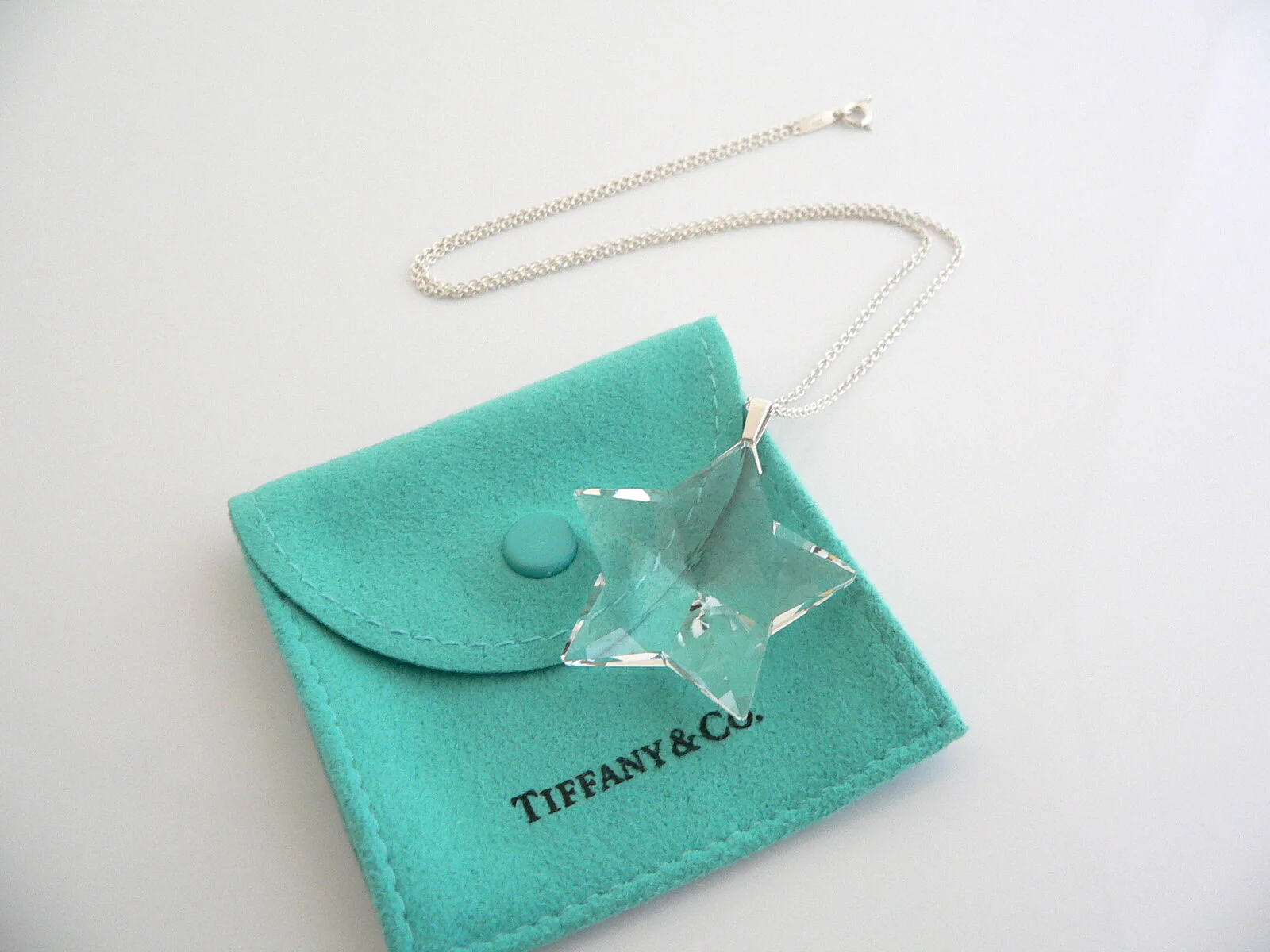 Tiffany & Co Silver Crystal Star Necklace Large Pendant 18 In Chain Gift Pouch