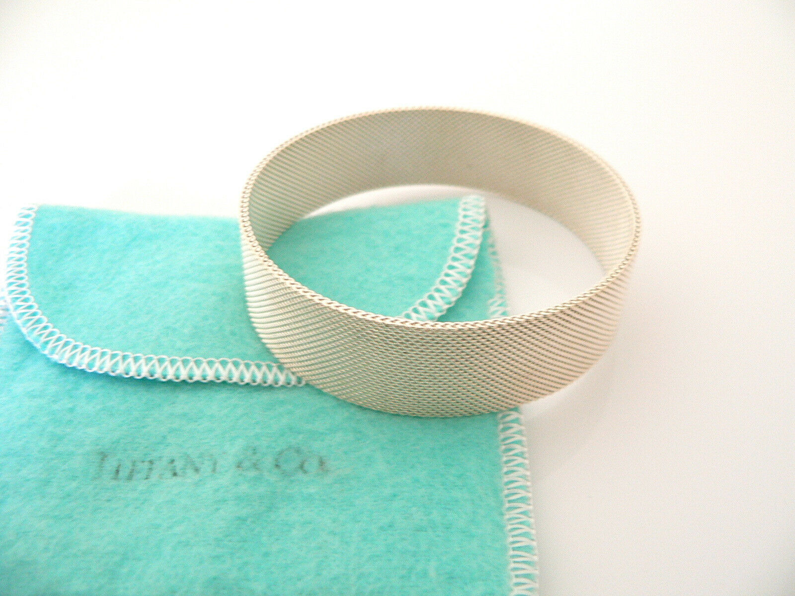 Tiffany & Co Silver Wide Somerset Mesh Weave Bracelet Bangle Gift Love Pouch