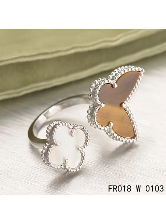 Van Cleef Arpels Luck Alhambra Between The Finger Ring White Gold With White and Grey Mother Of Pearl