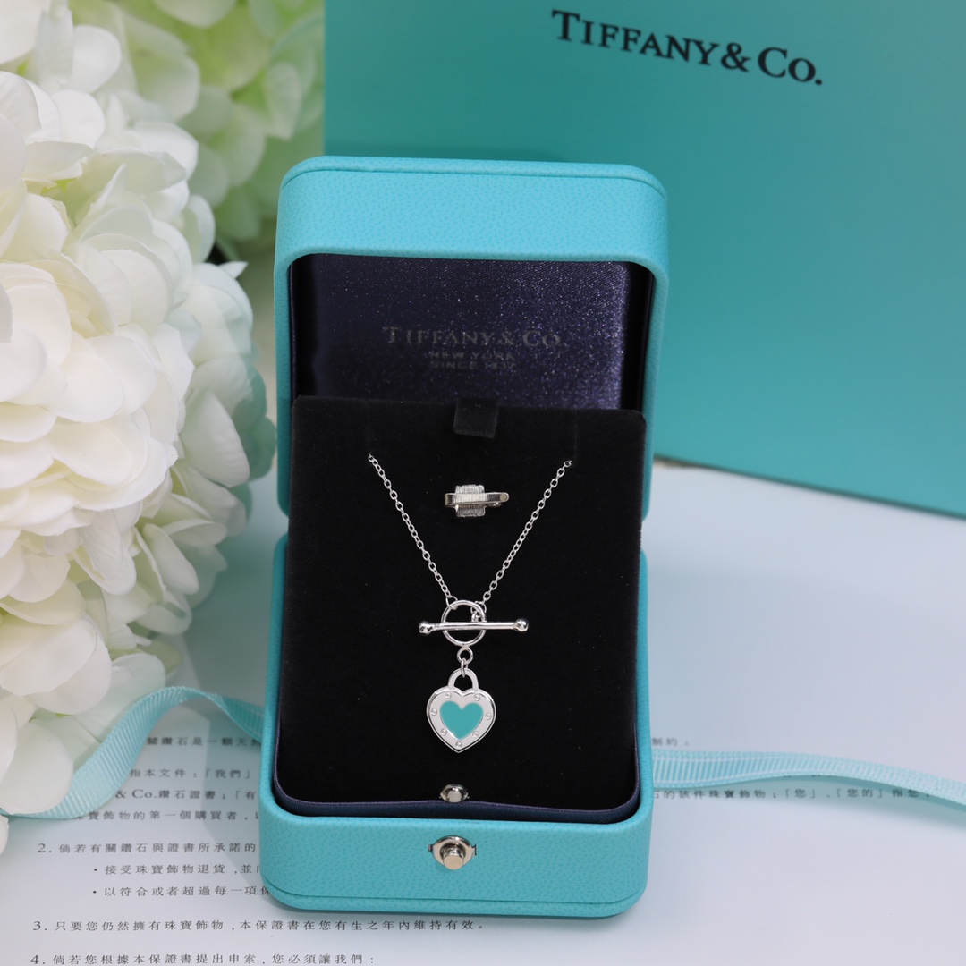 Return to Tiffany Peach Heart Blue Enamel Necklace