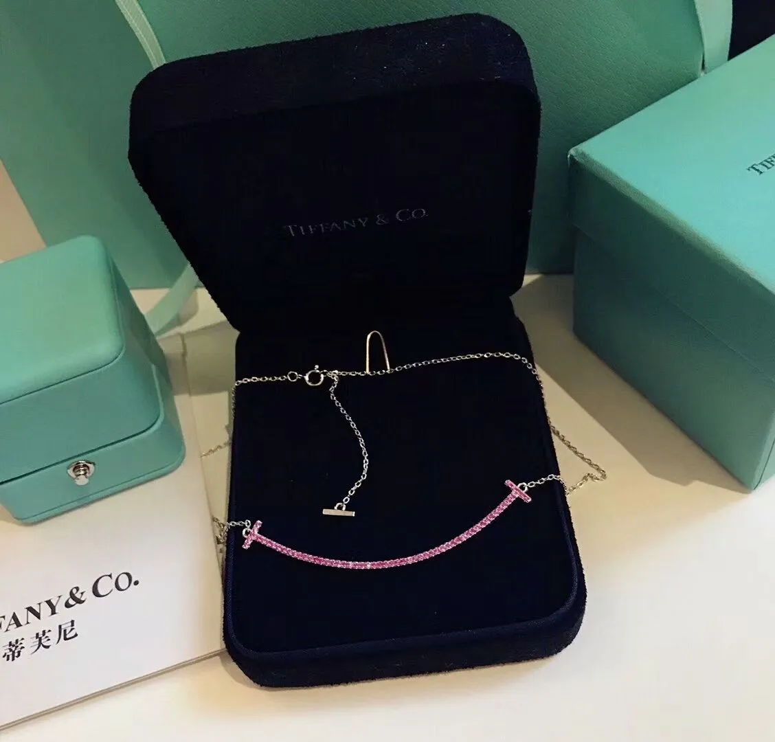 2021 Latest Tiffany Tiffany T Pink Swarovski Diamonds Double T Smile Pendant Womens Large Necklace 60698090