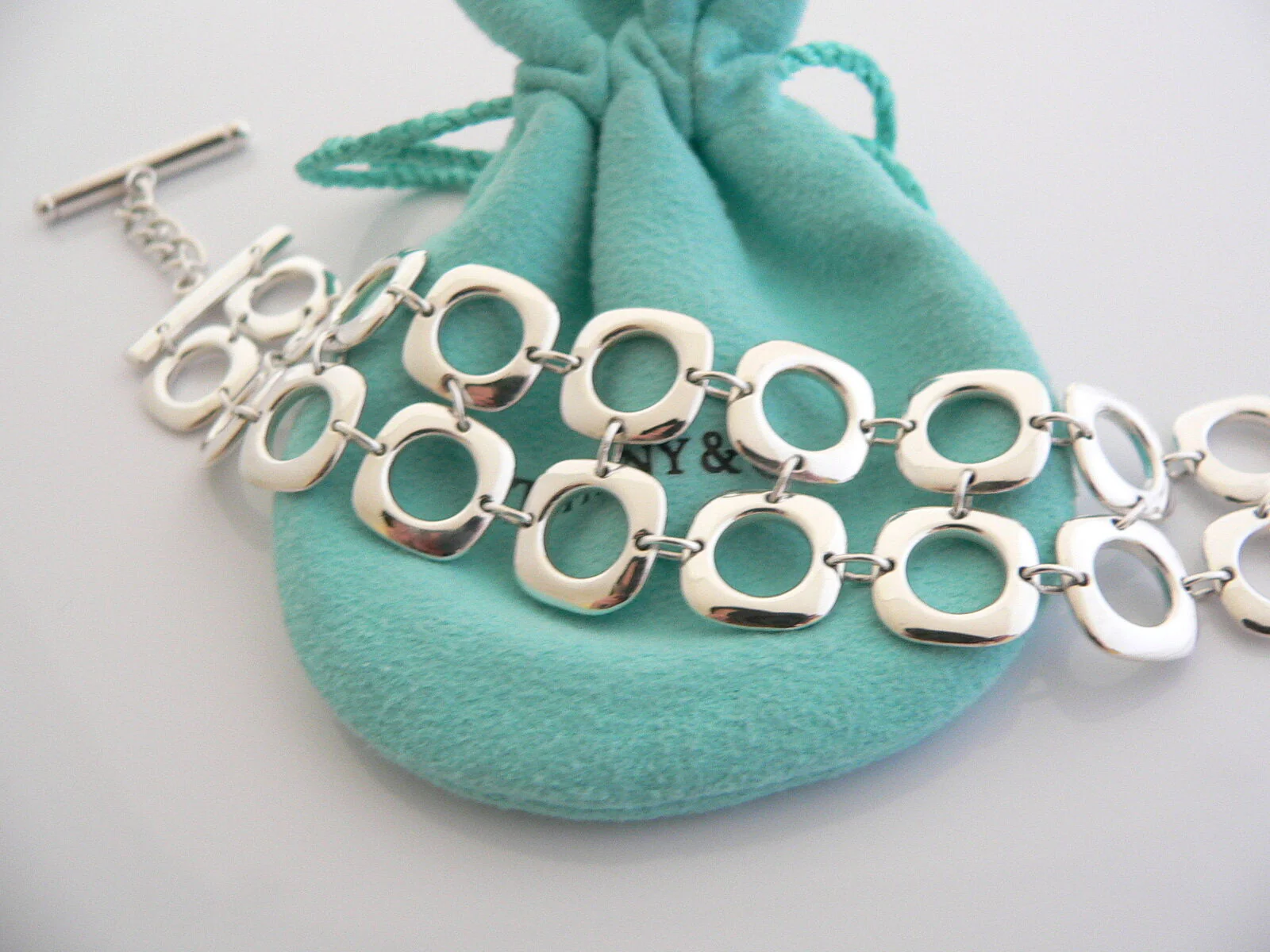 Tiffany & Co Cushion Square Link Toggle Bracelet Silver Double Chain Gift Pouch