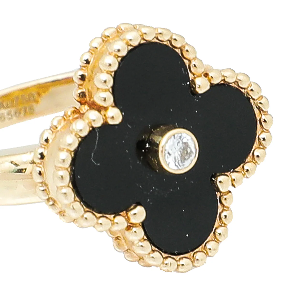 Van Cleef & Arpels Yellow Gold Diamond Onyx Vintage Alhambra Ring 53