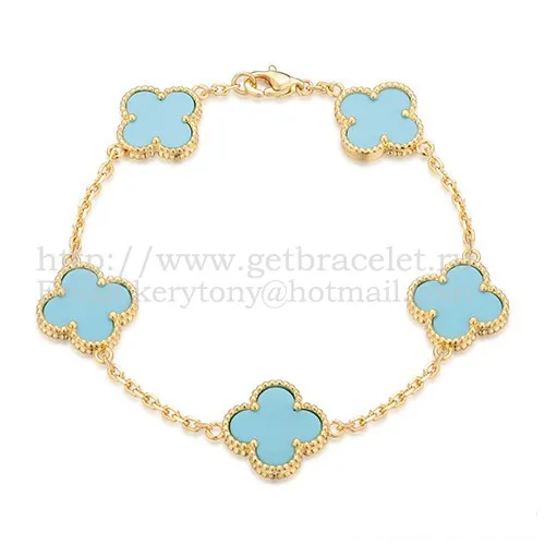 Van Cleef & Arpels Vintage Alhambra Bracelet 5 Motifs Yellow Gold With Turquoise Mother Of Pearl