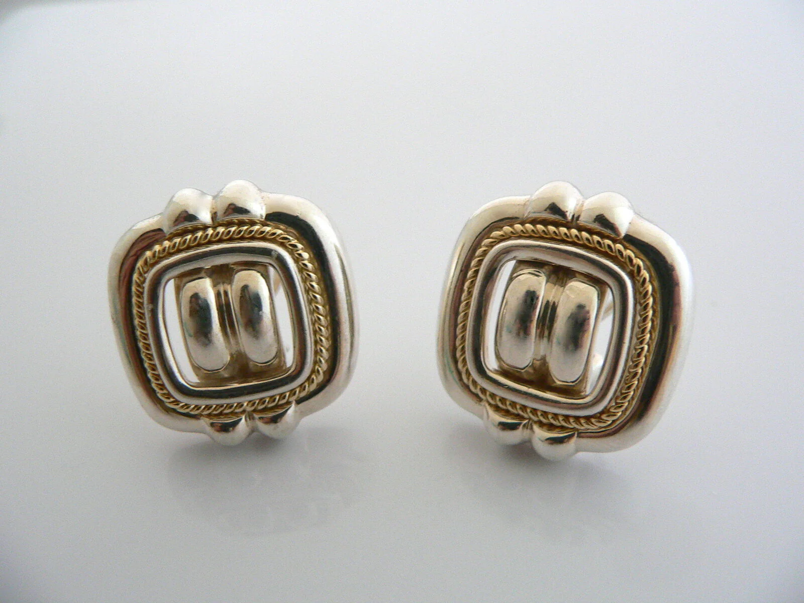 Tiffany & Co Silver 18K Gold Rope Square Clip On Earrings Gift Pouch Love