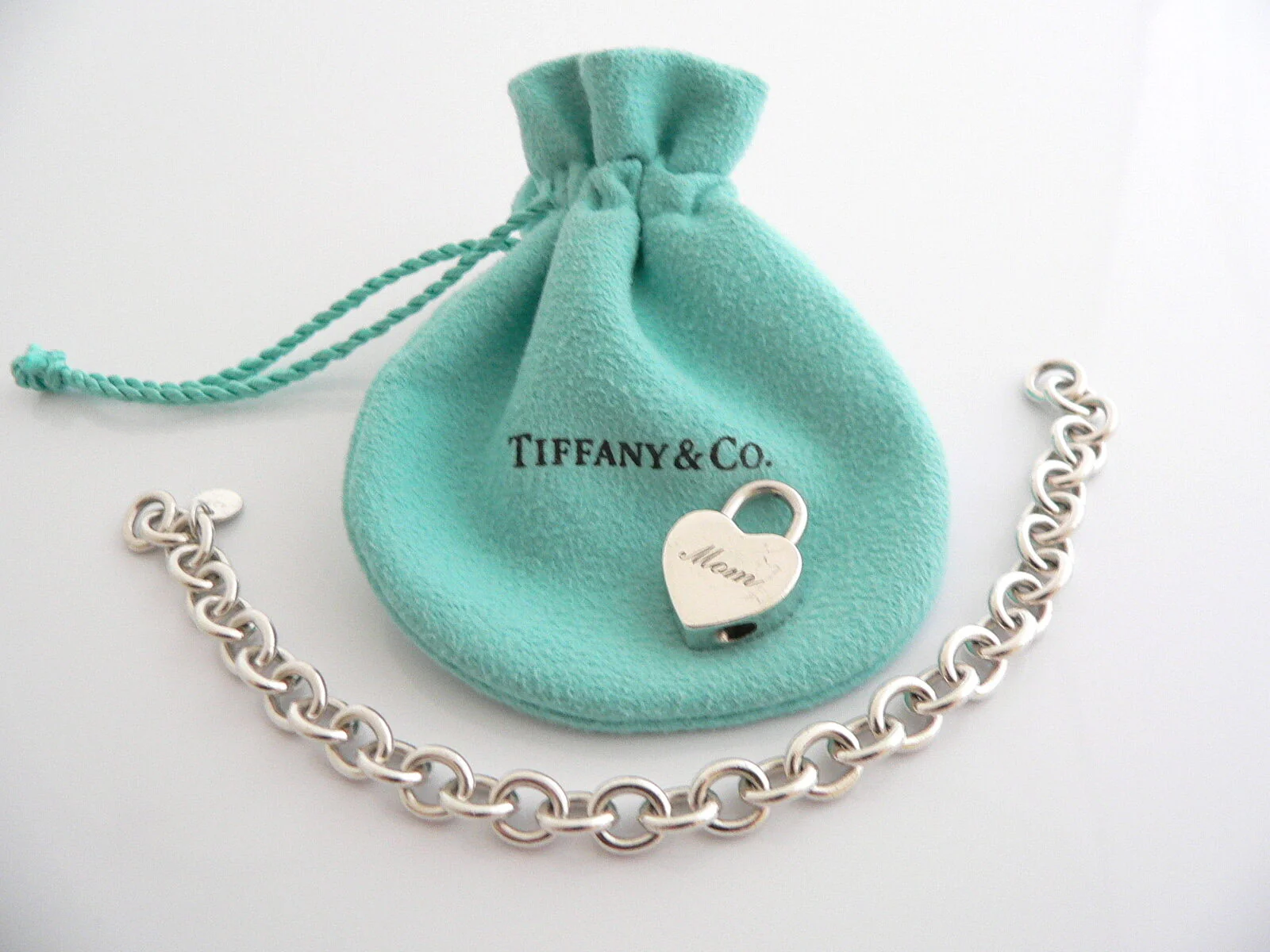 Tiffany & Co Silver Mom Heart Padlock Charm Bracelet Open Links Gift Pouch Love