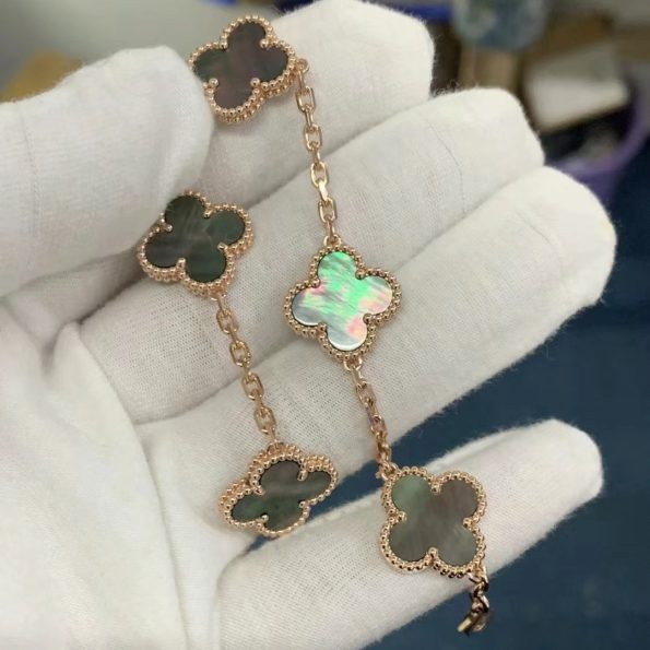 Van Cleef Bracelet Dupe, Gray Mother of Pearl Clover Bracelet, Rose Gold