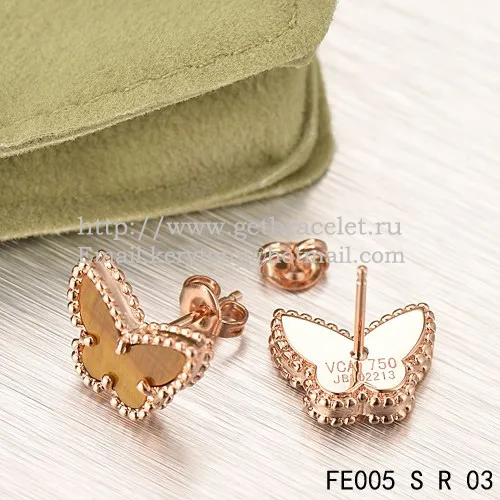 Van Cleef & Arpels Sweet Alhambra Butterfly Earrings Pink Gold With Tiger's Eye Mother Of Pearl