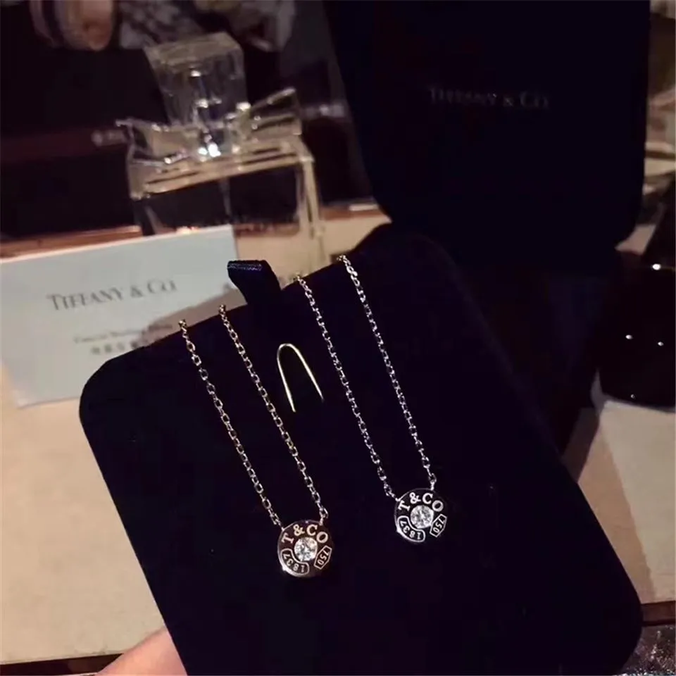 Tiffany 1837 Copy Circle Pendant With One Diamond Necklace Silver/ Rose Gold Gift For Girls 33285973/33286007