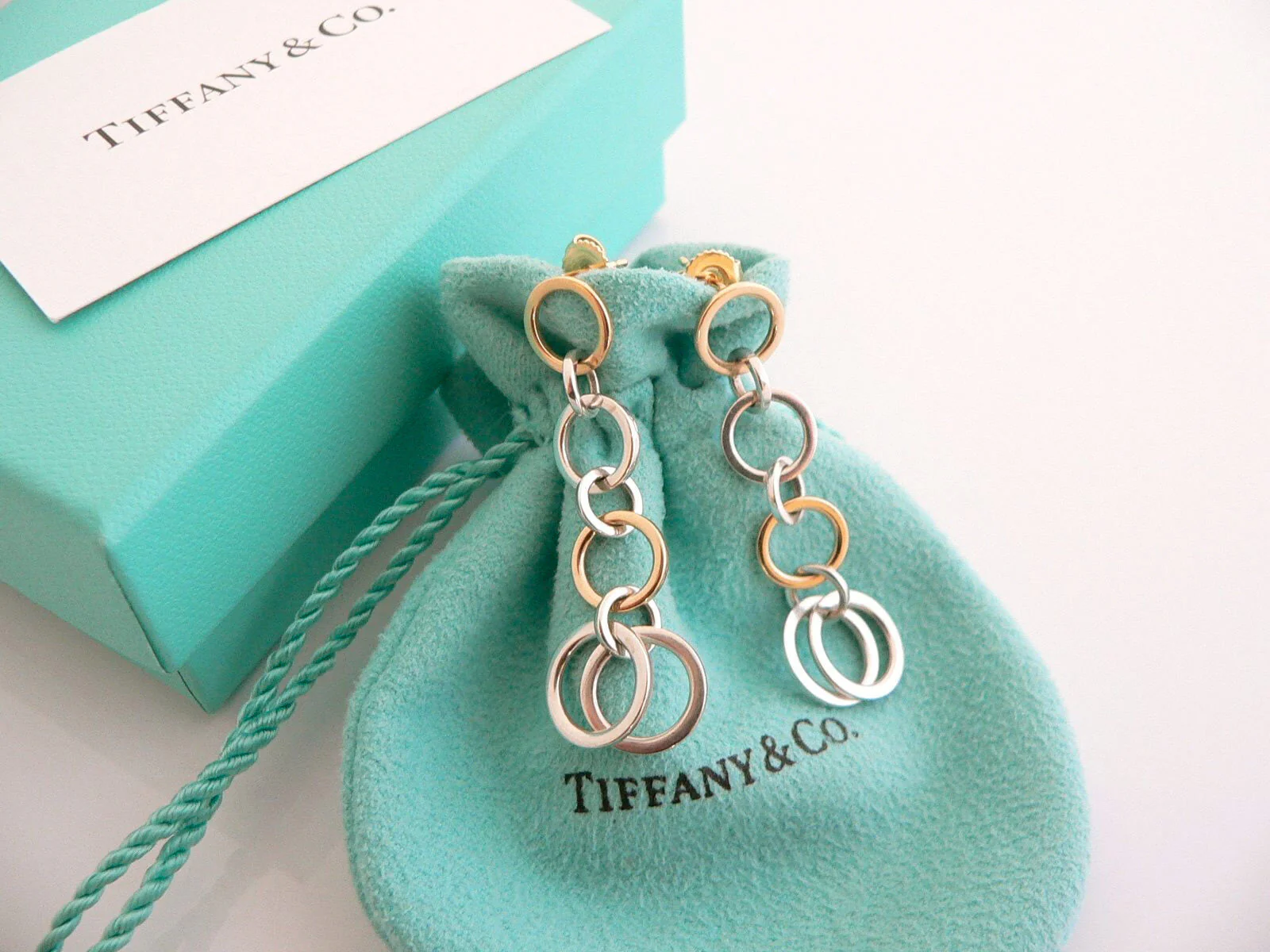 Tiffany & Co Silver 18K Gold Circles Dangling Dangle Earrings Love Gift Pouch
