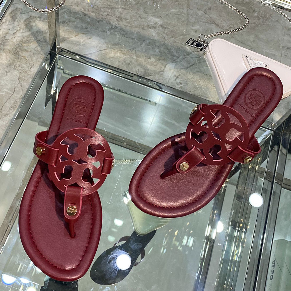 Tory Burch Leather Metal Double T Logo Flip-flops Sandals Slide (Replica)