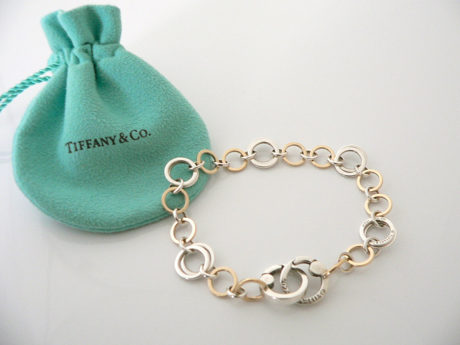 Tiffany & Co Silver 18K Gold Circles Link Bracelet Bangle 8.5 Inch Longer Gift