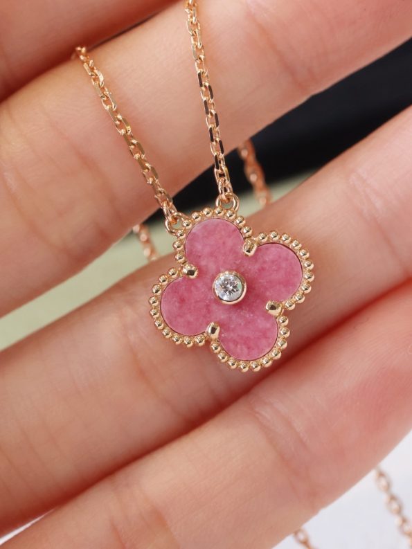 Van Cleef Necklace Dupe, Pink Clover Leaf Necklace, One Diamond, Rose Gold Chain
