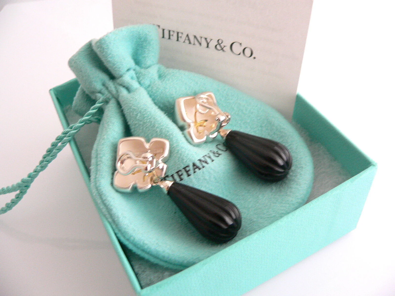 Tiffany & Co Silver 18K Gold Onyx Dangle Dangling Earrings Starfish Gift Pouch
