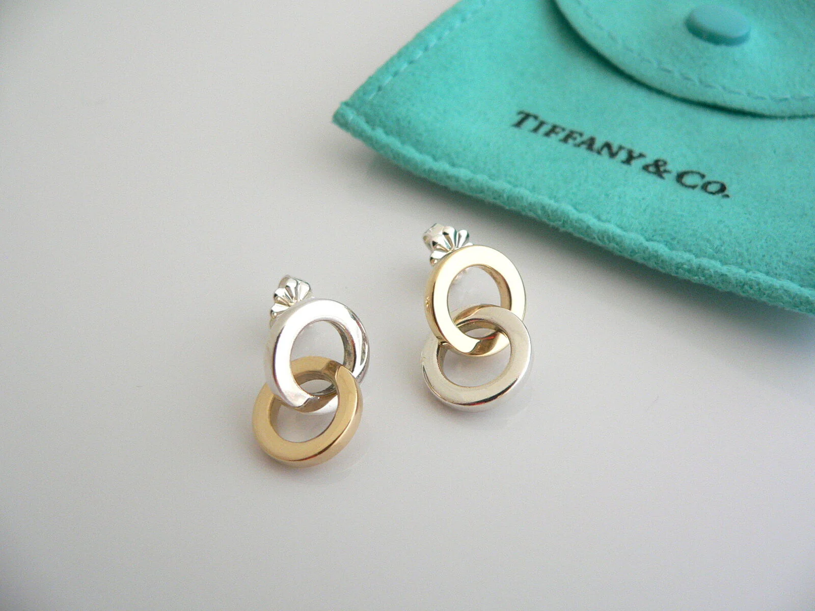 Tiffany & Co Silver 18K Gold Circles Dangling Dangle Earrings Gift Pouch Love