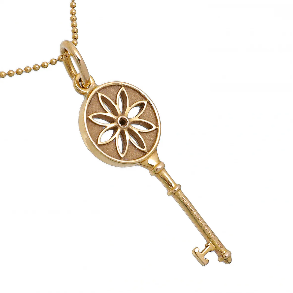 Tiffany & Co 18K Yellow Gold Diamond Daisy Key Pendant Beaded Chain Necklace