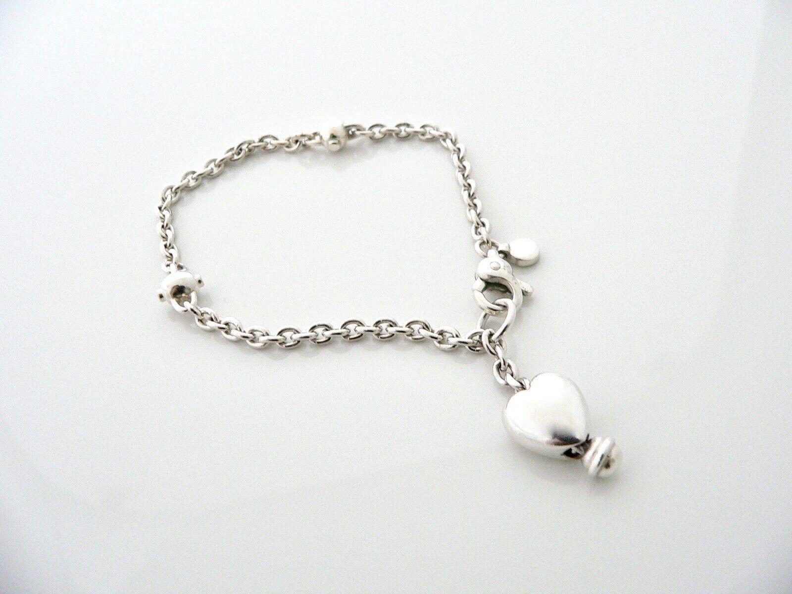 Tiffany & Co Silver Heart Dangle Dangling Bracelet Bangle 7 Inch Gift Pouch Love