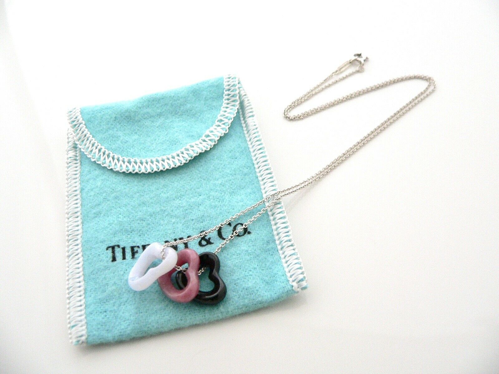 Tiffany & Co Silver Heart Necklace Jade Blue Agate Pink Gemstone Pendant Love