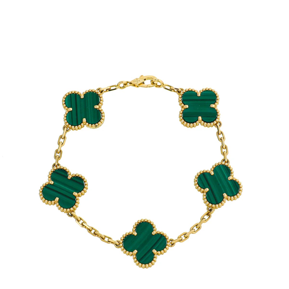 Van Cleef & Arpels 18K Yellow Gold Malachite 5 Motifs Vintage Alhambra Bracelet
