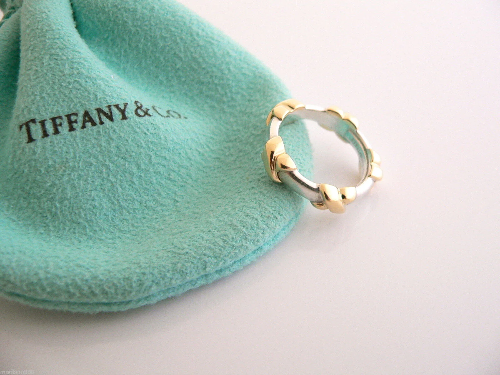 Tiffany & Co Silver 18K Gold Signature X Stacking Ring Band Sz 5.25 Gift Pouch