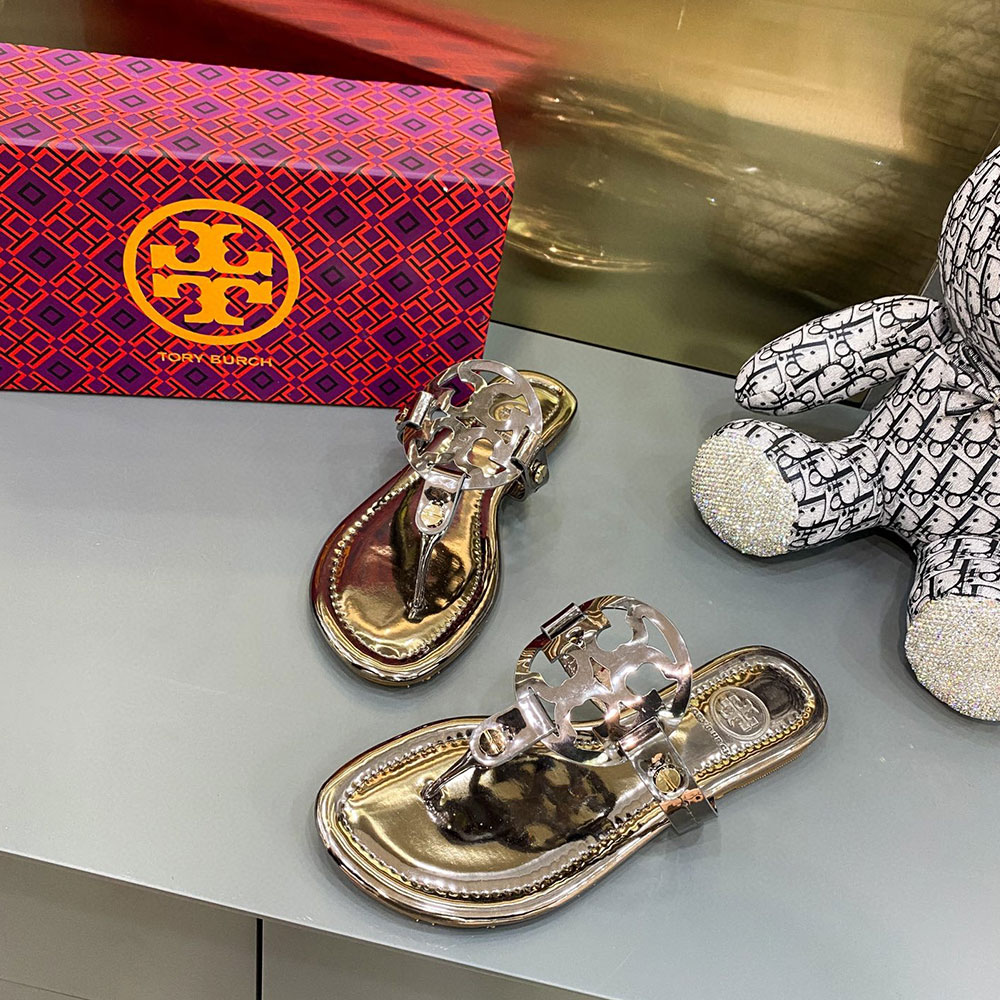 Tory Burch Leather Metal Double T Logo Flip-flops Sandals Slide (Replica)
