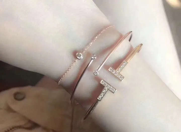 Tiffany Elsa Peretti Clone Diamonds Thin Adjustable Hoop Bangle Price In Malaysia Silver/Pink Gold Best Gift GRP10204/GRP09660