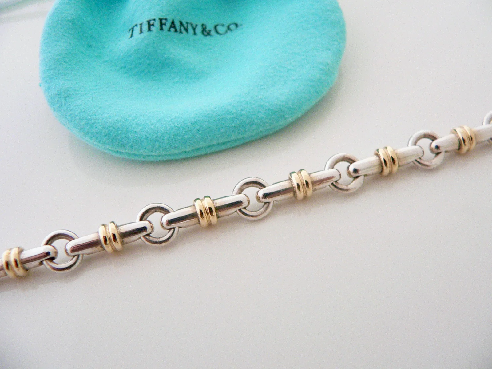 Tiffany & Co Silver Gold Bar Link Tube Necklace Pendant Chain Gift Pouch Cocktail Party Heavy