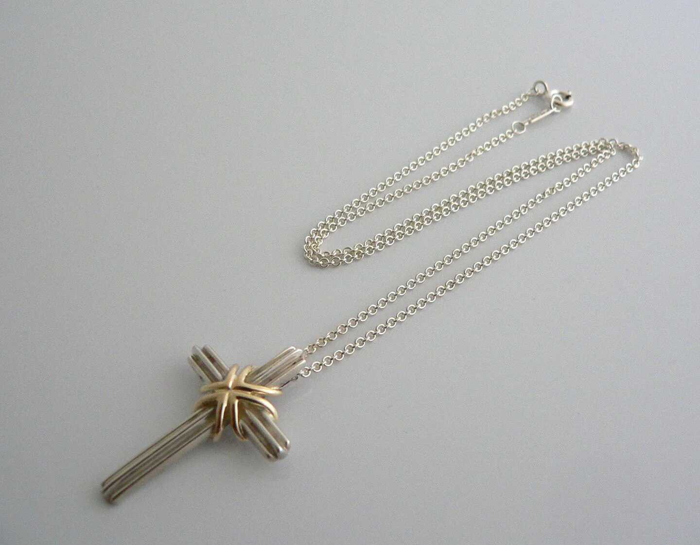 Tiffany & Co Silver 18K Gold Cross Necklace Pendant Charm 18 In Chain Gift Love