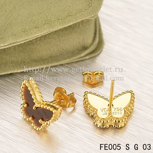 Van Cleef & Arpels Sweet Alhambra Butterfly Earrings Yellow Gold With Tiger's Eye Mother Of Pearl