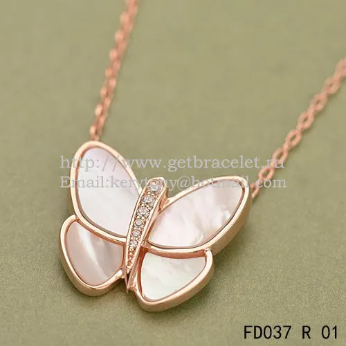 Van Cleef & Arpels Flying Butterfly Pendant Necklace Pink Gold With White Mother Of Pearl Diamonds