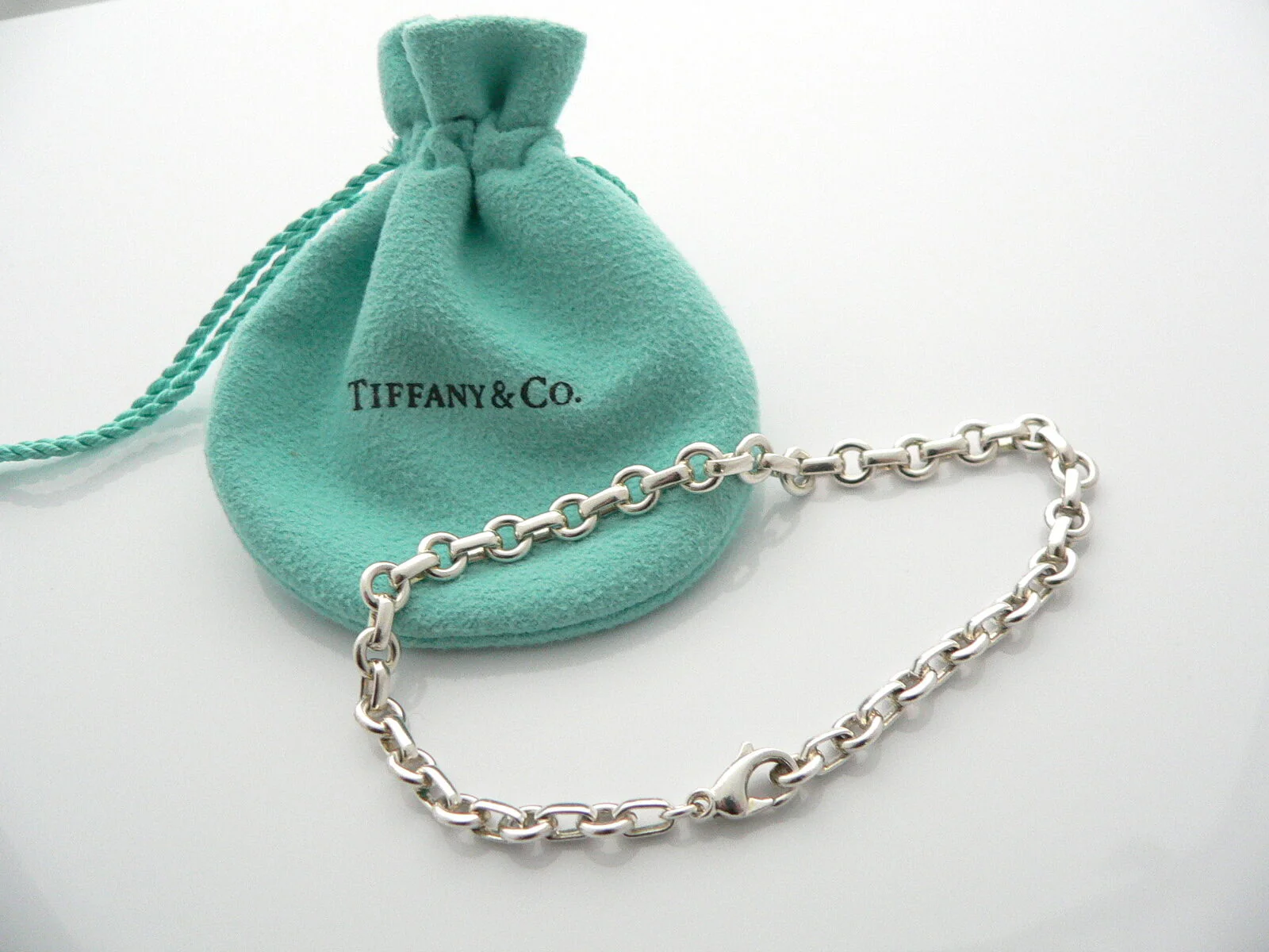 Tiffany & Co Donut Bracelet Bangle Chain Link 8.5 Inch Longer Silver Gift Pouch