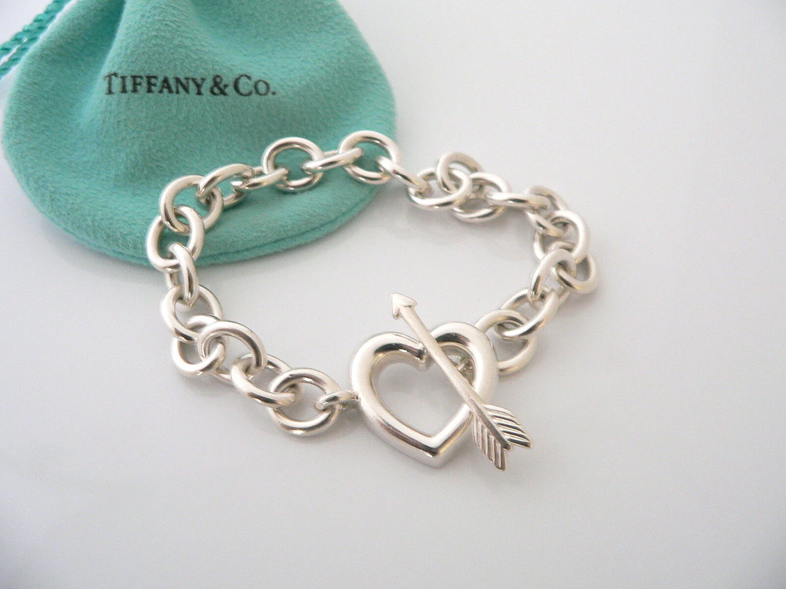Tiffany & Co Heart Arrow Toggle Bracelet Bangle Chain Love Gift Pouch T Co 925