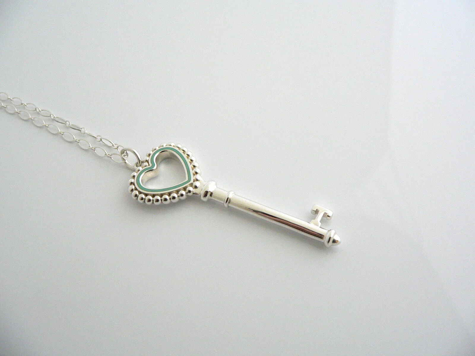 Tiffany Co Silver Blue Enamel Heart Key Necklace Pendant Bead Charm Gift Love