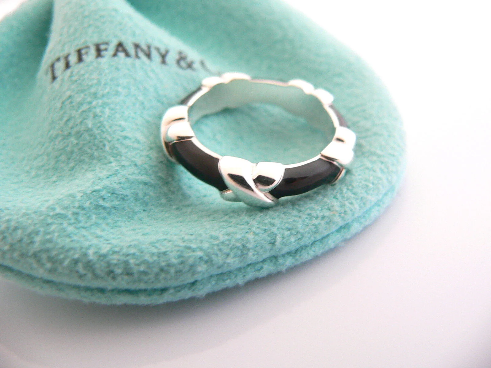 Tiffany & Co Signature Ring Silver Black Enamel X Stacking Band Sz 5 Gift Love