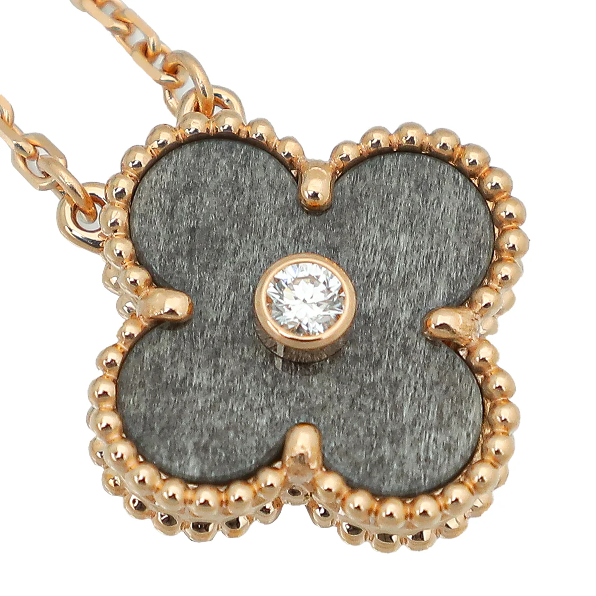 Van Cleef & Arpels 18K Rose Gold Diamond Silver Obsidian Vintage Alhambra Holiday Pendant Necklace
