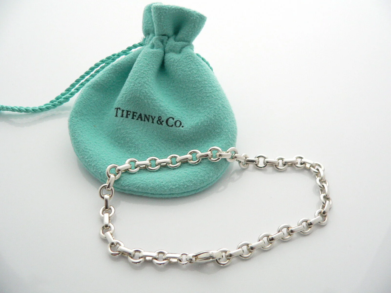 Tiffany & Co Donut Bracelet Bangle Chain Link 8.5 Inch Longer Silver Gift Pouch