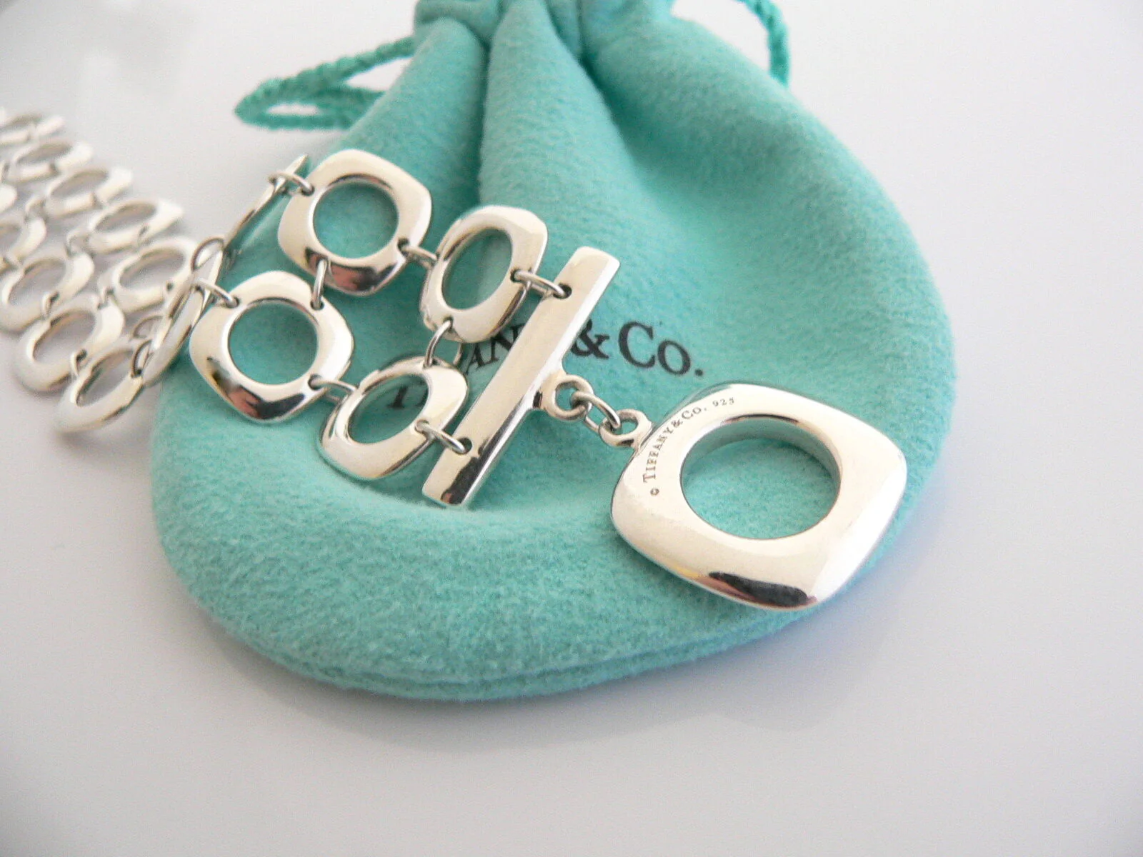 Tiffany & Co Cushion Square Link Toggle Bracelet Silver Double Chain Gift Pouch