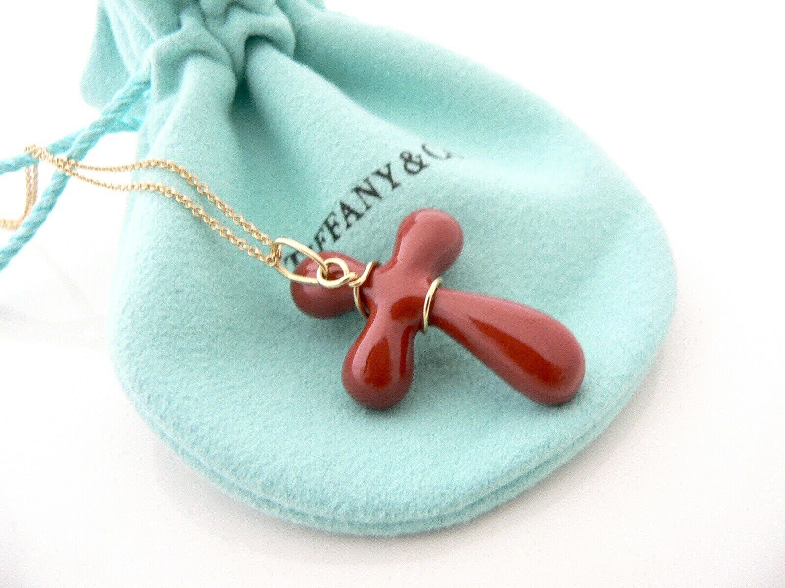 Tiffany & Co 18K Gold Jasper Cross Gemstone Necklace Pendant Gift Pouch Love Art