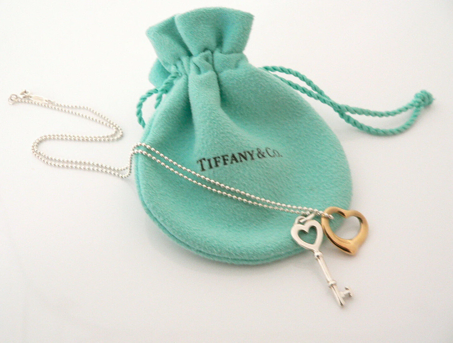 Tiffany Co Silver 18K Gold Open Heart Key Necklace Pendant Charm Chain Gift Love