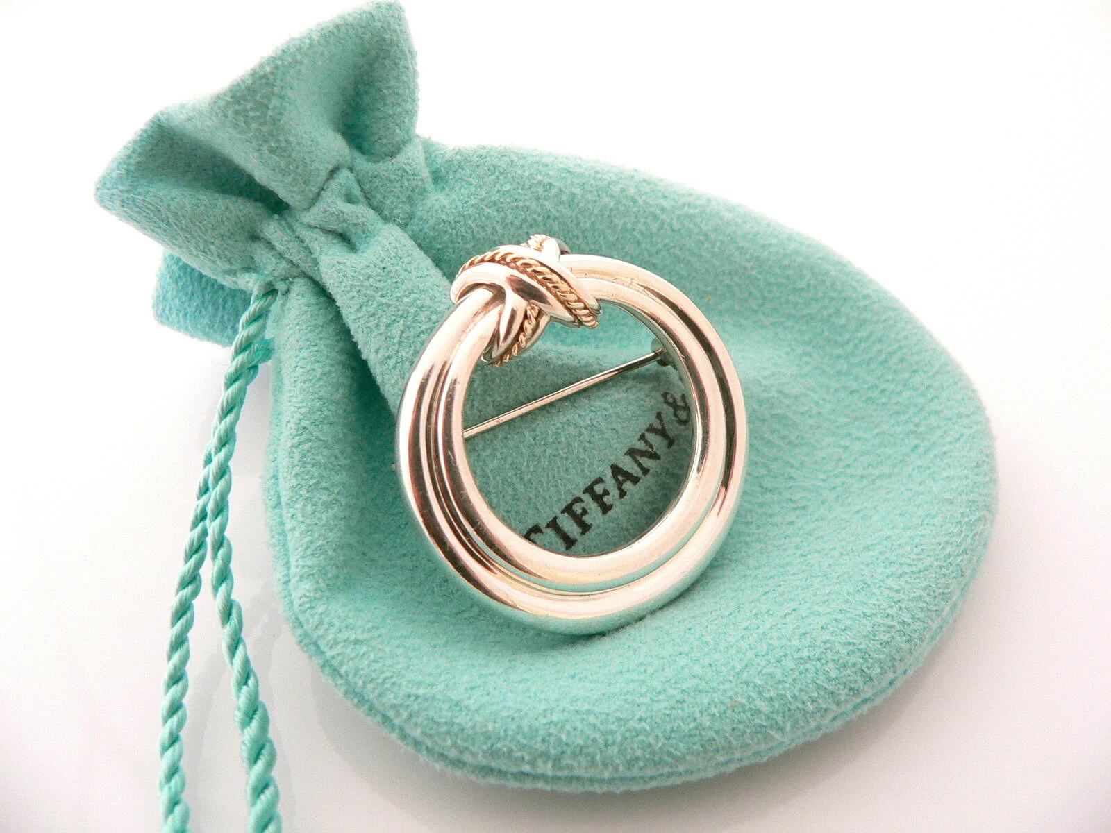 Tiffany & Co Silver 18K Gold Signature X  Rope Brooch Pin Rare Gift Pouch Love