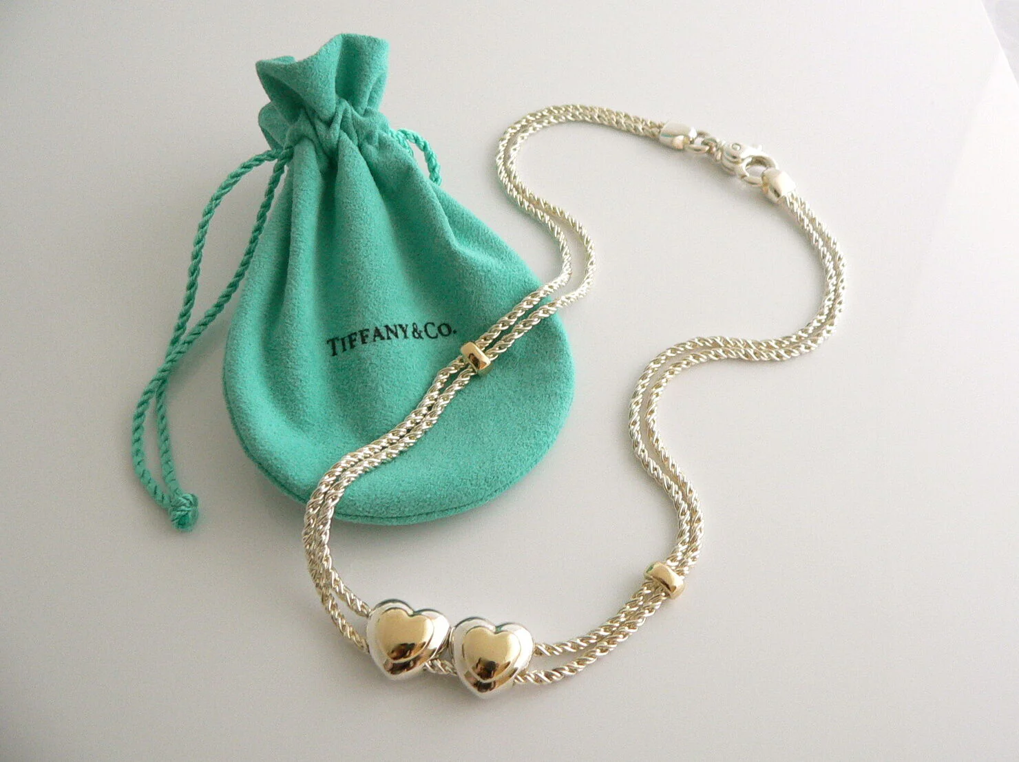 Tiffany & Co Silver 18K Gold Double Rope Sliding Puff Heart Necklace Charm Love