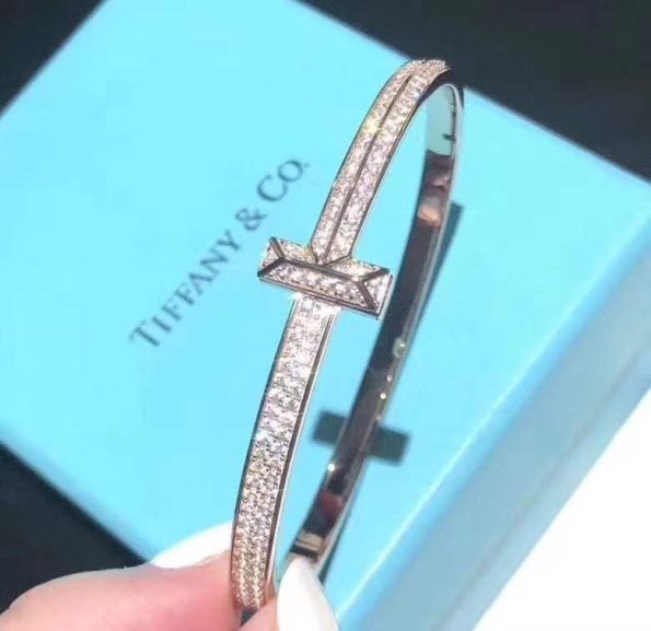 Tiffany Bracelet Dupe, T1 Wide Diamond Hinged Bangle, Platinum & Rose Gold