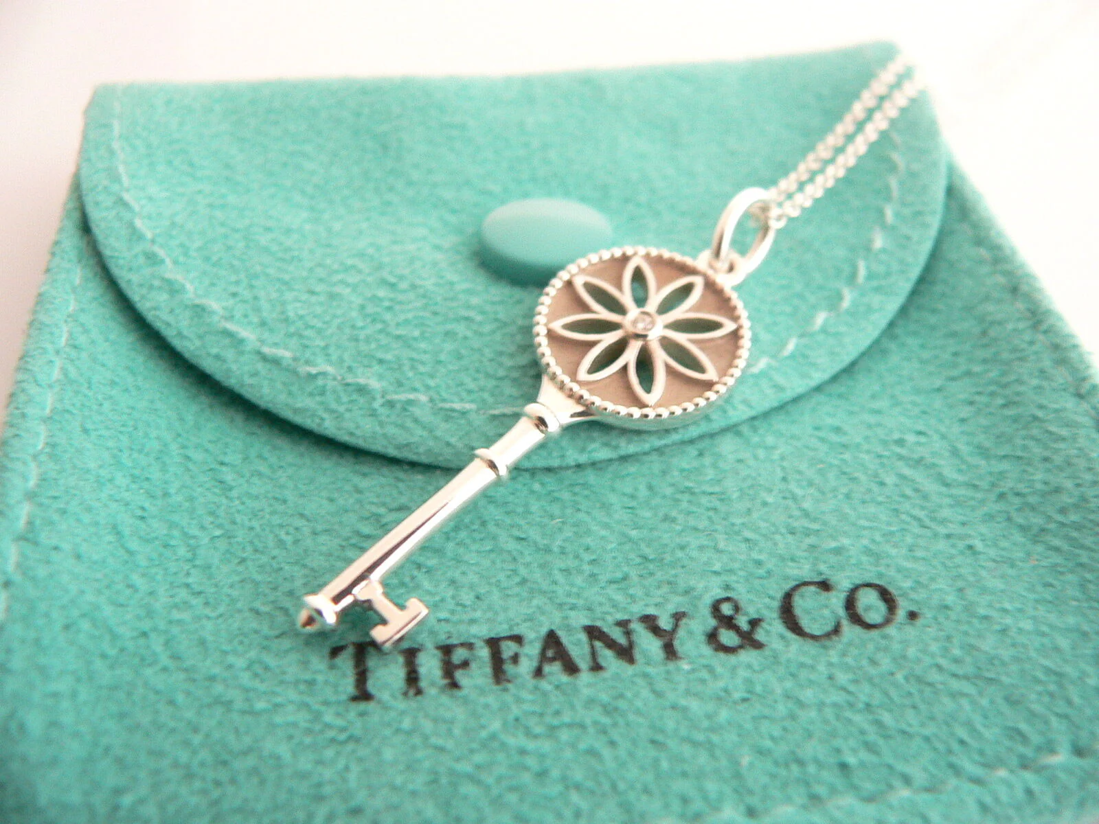 Tiffany Co Diamond Daisy Key Necklace Nature Pendant 18 In Chain Silver Gift Art